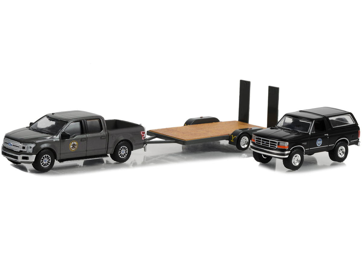 2018 Ford F-150 Pickup Truck Gray with 1992 Ford Bronco 'Montana Livestock Association' Black and Flatbed Car Trailer 'Yellowstone' (2018-Current) TV Series 'Hollywood Hitch & Tow' Series 11 1/64 Diecast Model Cars by Greenlight
