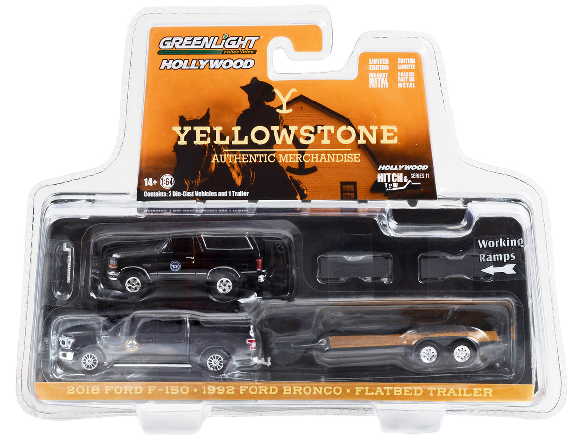 2018 Ford F-150 Pickup Truck Gray with 1992 Ford Bronco 'Montana Livestock Association' Black and Flatbed Car Trailer 'Yellowstone' (2018-Current) TV Series 'Hollywood Hitch & Tow' Series 11 1/64 Diecast Model Cars by Greenlight