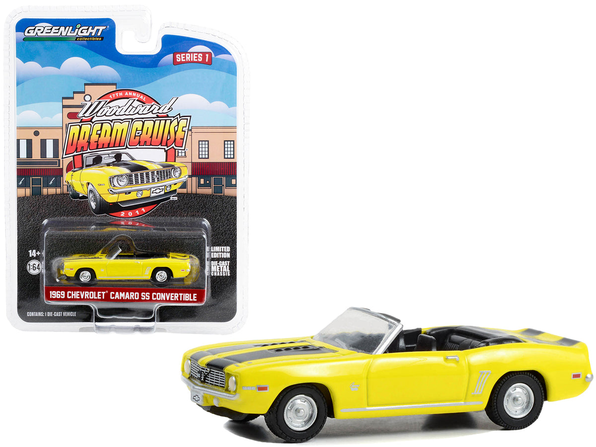 1969 Chevrolet Camaro SS Convertible Yellow with Black Stripes '17th Annual Woodward Dream Cruise Featured Heritage Vehicle' (2011) 'Woodward Dream Cruise' Series 1 1/64 Diecast Model Car by Greenlight