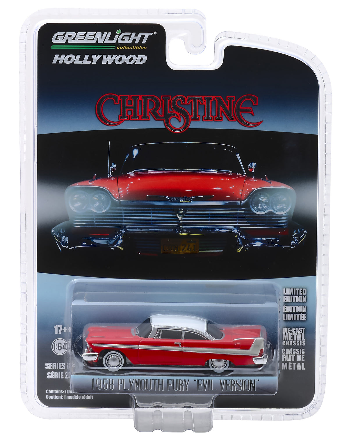 1958 Plymouth Fury Red with White Top 'Evil Version' (Blacked Out Windows) 'Christine' (1983) Movie 'Hollywood Series' Release 24 1/64 Diecast Model Car by Greenlight
