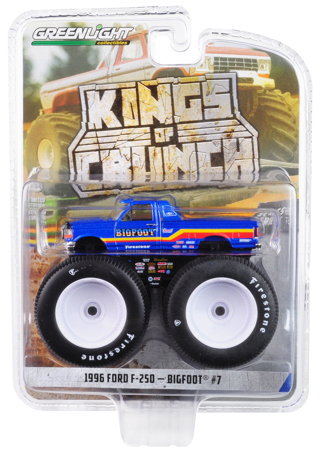 1996 Ford F-250 Monster Truck 'Bigfoot #7' Metallic Blue with Stripes 'Kings of Crunch' Series 5 1/64 Diecast Model Car by Greenlight