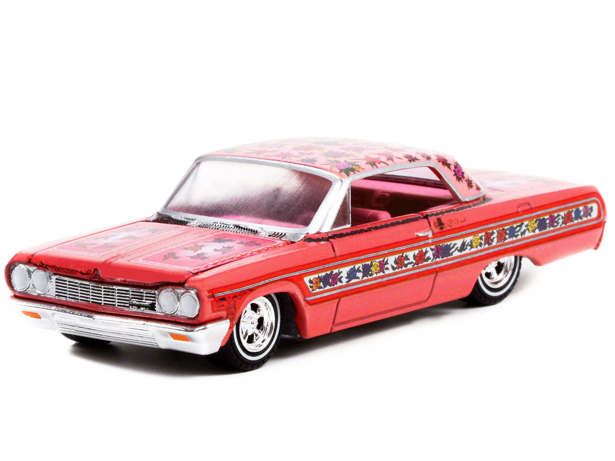 1964 Chevrolet Impala Lowrider Pink Metallic with Rose Graphics and Pink Interior 'California Lowriders' Release 1 1/64 Diecast Model Car by Greenlight