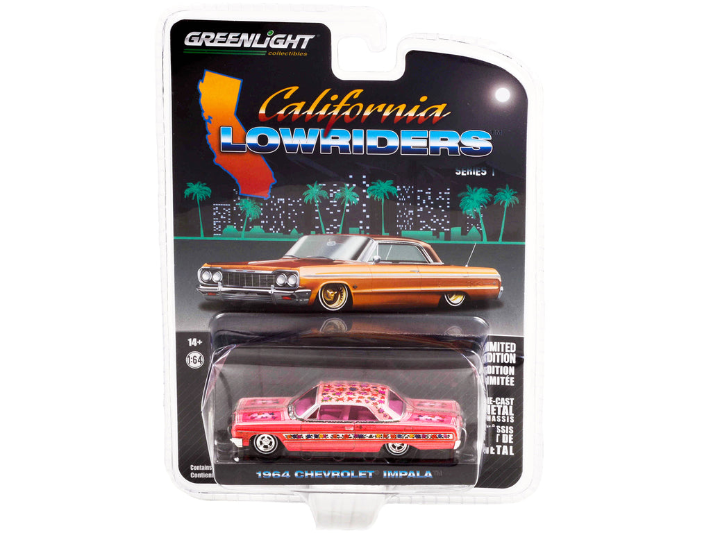1964 Chevrolet Impala Lowrider Pink Metallic with Rose Graphics and Pink Interior 'California Lowriders' Release 1 1/64 Diecast Model Car by Greenlight