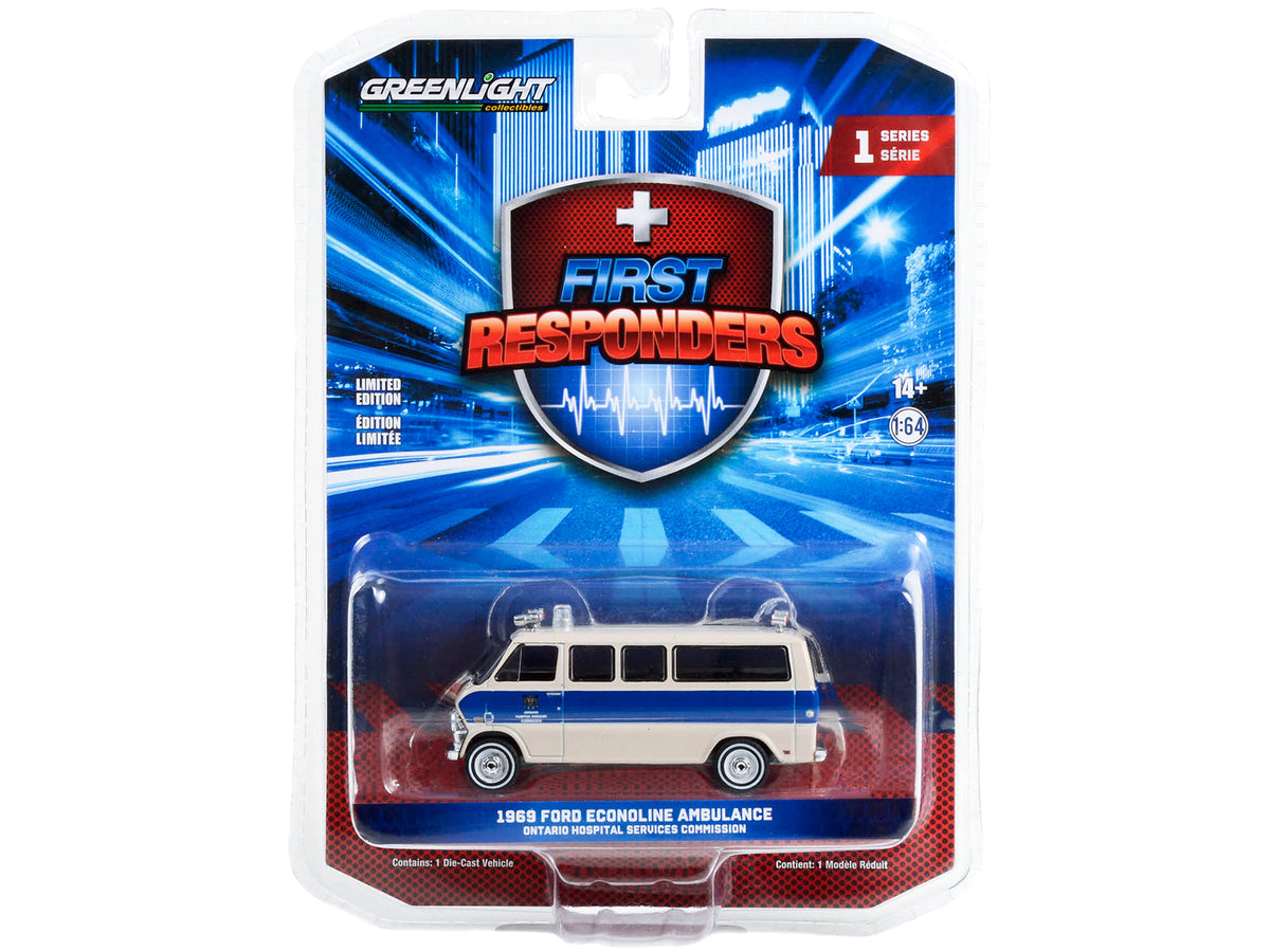 1969 Ford Econoline Ambulance Beige with Blue Stripes 'Ontario Hospital Services Commission Ontario Canada' 'First Responders' Series 1 1/64 Diecast Model Car by Greenlight