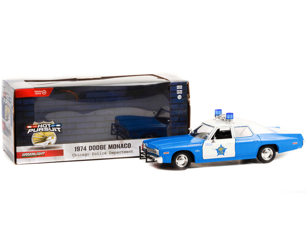 1974 Dodge Monaco Blue and White CPD 'Chicago Police Department' (Illinois) 'Hot Pursuit' Series 1/24 Diecast Model Car by Greenlight