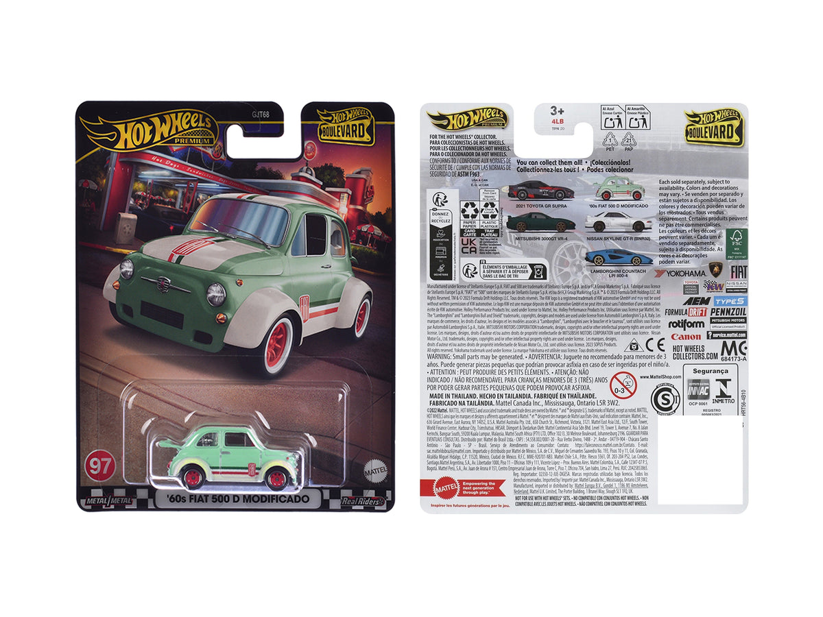1960's Fiat 500 D Modificado Light Green with Stripes 'Boulevard' Series Diecast Model Car by Hot Wheels