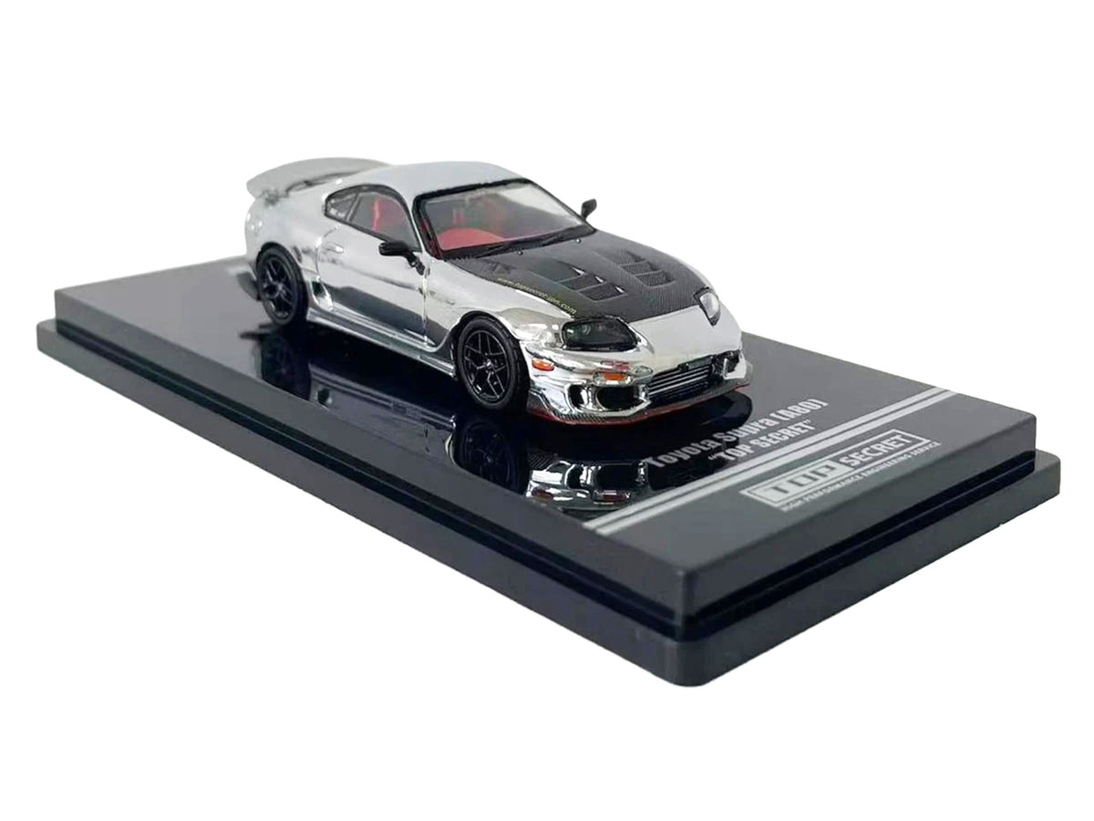 Toyota Supra (A80) 'Top Secret' GT300 RHD (Right Hand Drive) Chrome with Carbon Hood and Red Interior 'Tokyo Auto Salon 2026 Event Exclusive' 1/64 Diecast Model Car by Inno Models
