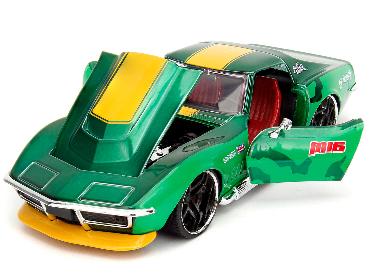1969 Chevrolet Corvette Stingray ZL1 Green Metallic with Yellow Stripes and Cammy Diecast Figure 'Street Fighter' Video Game 'Anime Hollywood Rides' Series 1/24 Diecast Model Car by Jada