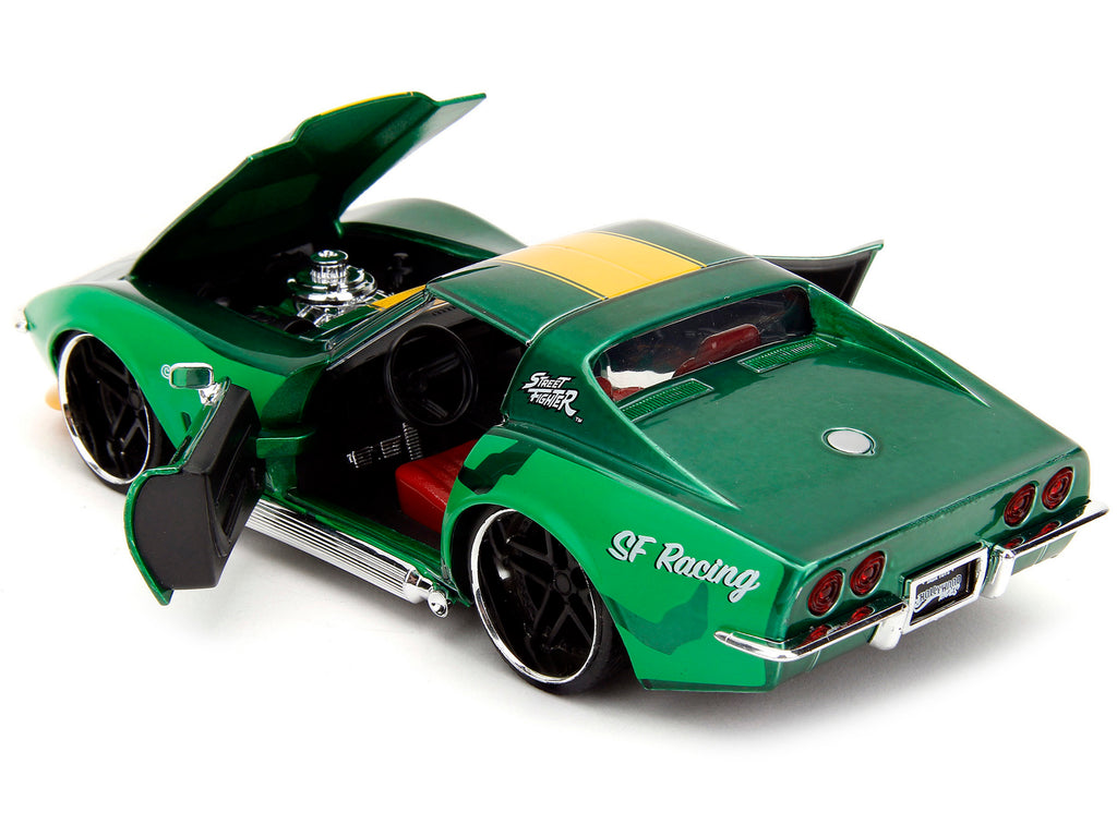 1969 Chevrolet Corvette Stingray ZL1 Green Metallic with Yellow Stripes and Cammy Diecast Figure 'Street Fighter' Video Game 'Anime Hollywood Rides' Series 1/24 Diecast Model Car by Jada