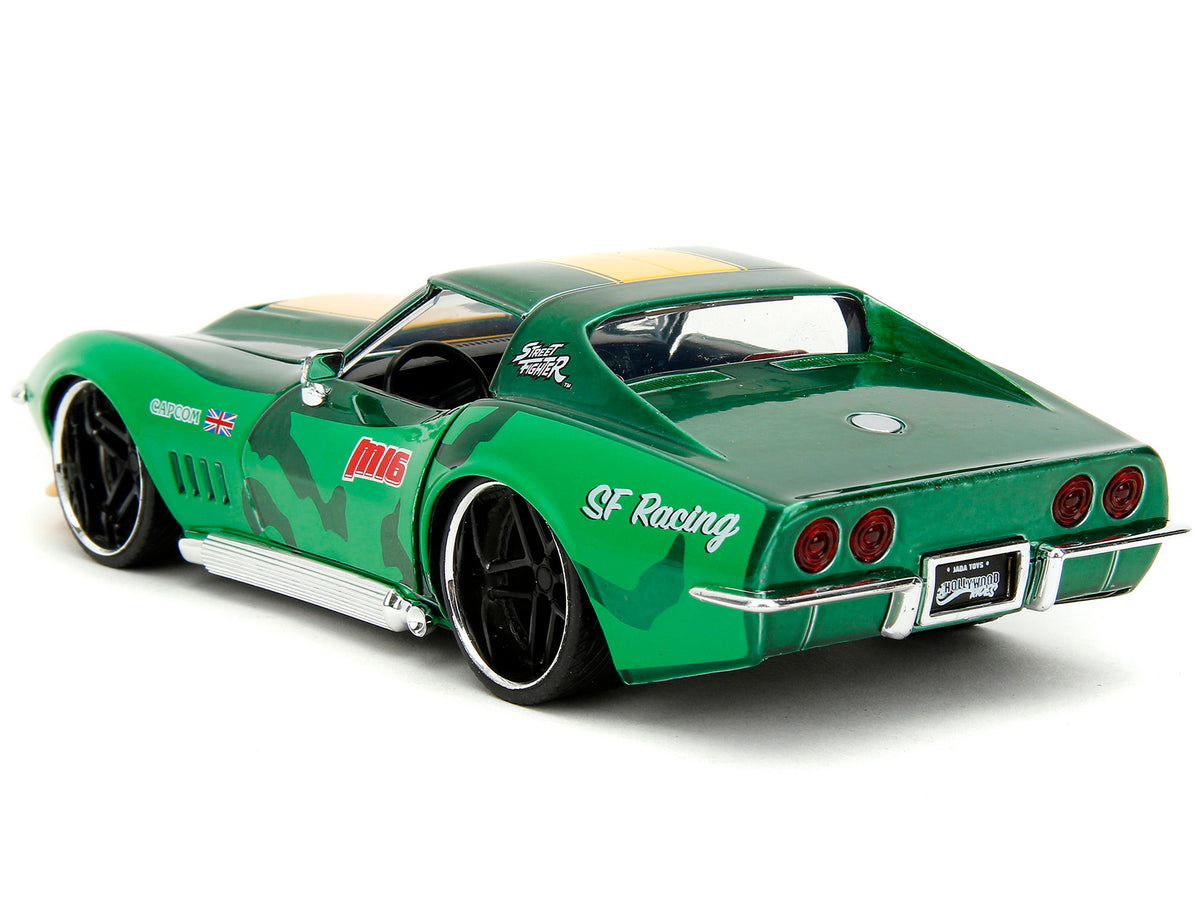 1969 Chevrolet Corvette Stingray ZL1 Green Metallic with Yellow Stripes and Cammy Diecast Figure 'Street Fighter' Video Game 'Anime Hollywood Rides' Series 1/24 Diecast Model Car by Jada
