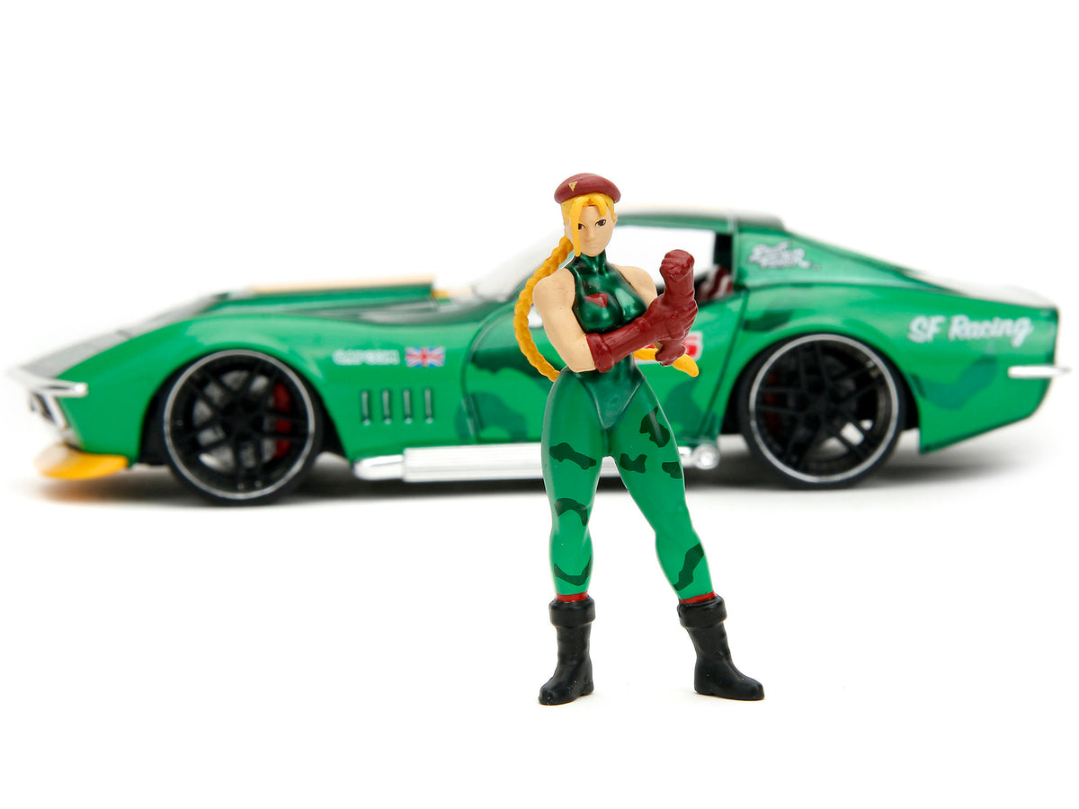 1969 Chevrolet Corvette Stingray ZL1 Green Metallic with Yellow Stripes and Cammy Diecast Figure 'Street Fighter' Video Game 'Anime Hollywood Rides' Series 1/24 Diecast Model Car by Jada