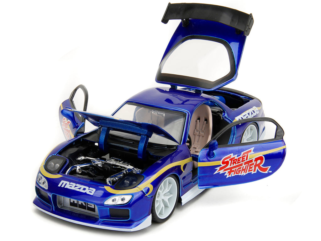 1993 Mazda RX-7 Candy Blue Metallic with Graphics and Chun-Li Diecast Figure 'Street Fighter' Video Game 'Anime Hollywood Rides' Series 1/24 Diecast Model Car by Jada