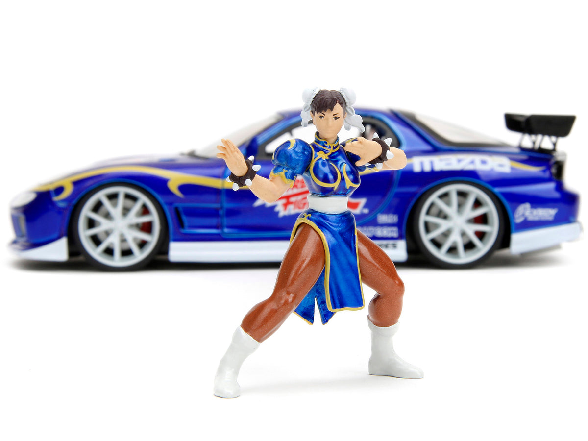 1993 Mazda RX-7 Candy Blue Metallic with Graphics and Chun-Li Diecast Figure 'Street Fighter' Video Game 'Anime Hollywood Rides' Series 1/24 Diecast Model Car by Jada