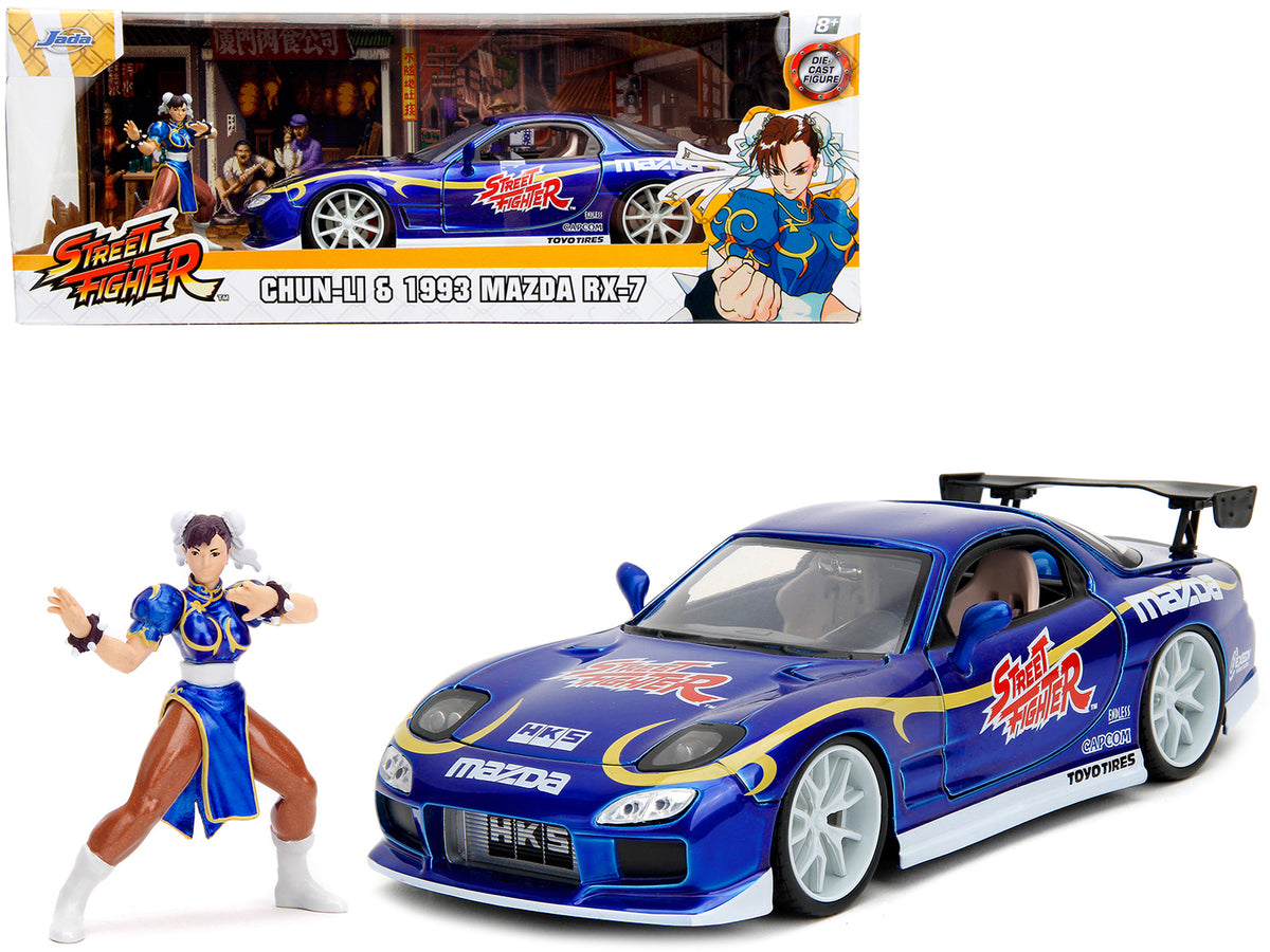 1993 Mazda RX-7 Candy Blue Metallic with Graphics and Chun-Li Diecast Figure 'Street Fighter' Video Game 'Anime Hollywood Rides' Series 1/24 Diecast Model Car by Jada