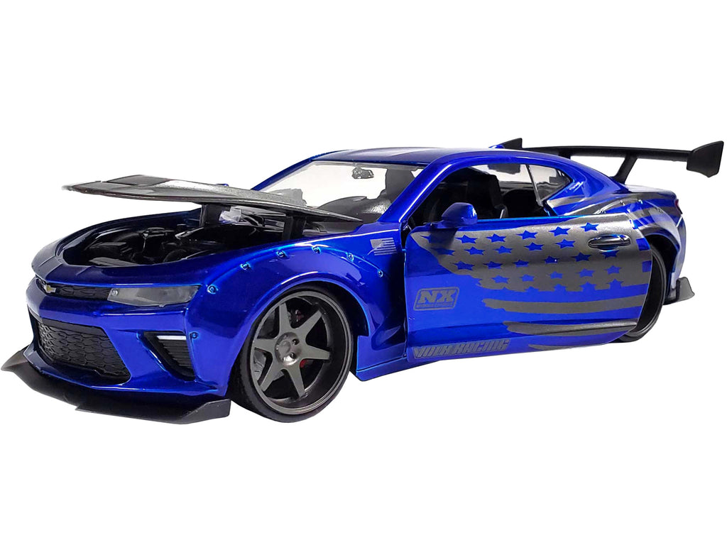 2016 Chevrolet Camaro Widebody Candy Blue with Gray Metallic Hood and American Flag Graphics 'Bigtime Muscle' Series 1/24 Diecast Model Car by Jada