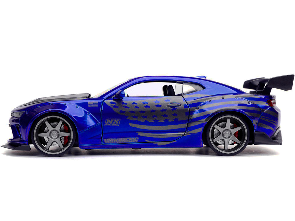 2016 Chevrolet Camaro Widebody Candy Blue with Gray Metallic Hood and American Flag Graphics 'Bigtime Muscle' Series 1/24 Diecast Model Car by Jada