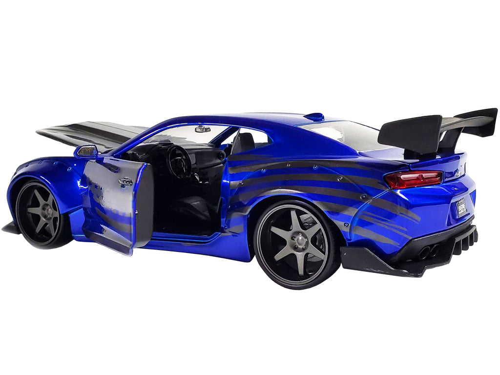 2016 Chevrolet Camaro Widebody Candy Blue with Gray Metallic Hood and American Flag Graphics 'Bigtime Muscle' Series 1/24 Diecast Model Car by Jada