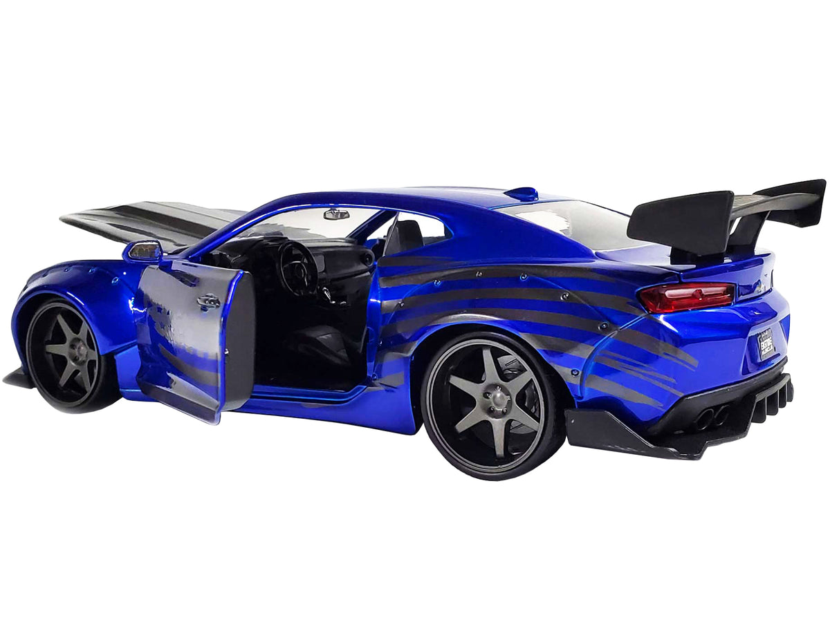 2016 Chevrolet Camaro Widebody Candy Blue with Gray Metallic Hood and American Flag Graphics 'Bigtime Muscle' Series 1/24 Diecast Model Car by Jada