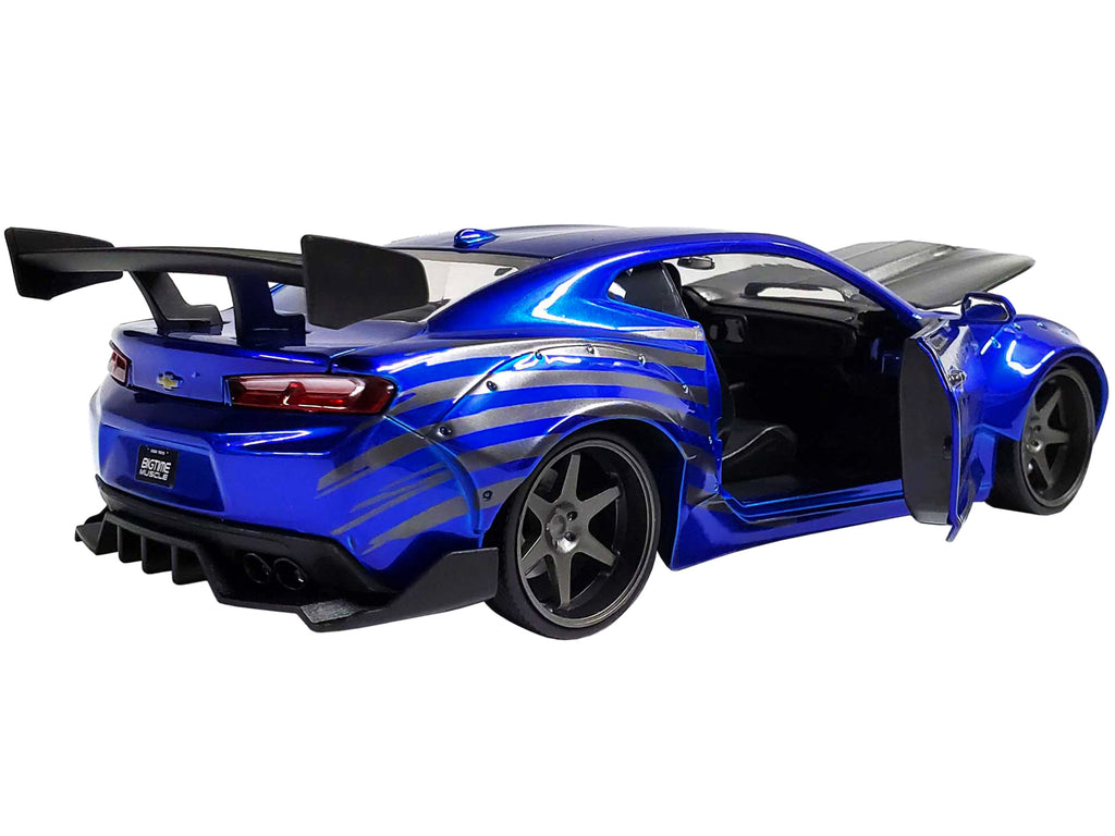 2016 Chevrolet Camaro Widebody Candy Blue with Gray Metallic Hood and American Flag Graphics 'Bigtime Muscle' Series 1/24 Diecast Model Car by Jada