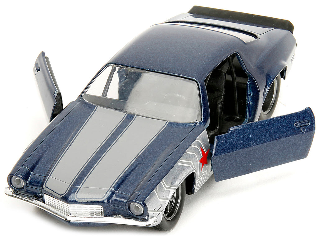 1973 Chevrolet Camaro Dark Blue Metallic with Gray Stripes and Winter Soldier Diecast Figure 'Marvel Avengers' 'Hollywood Rides' Series 1/32 Diecast Model Car by Jada