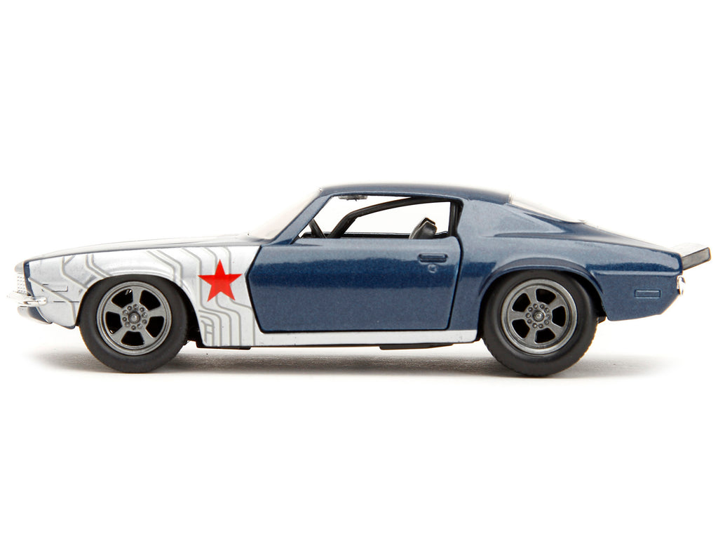1973 Chevrolet Camaro Dark Blue Metallic with Gray Stripes and Winter Soldier Diecast Figure 'Marvel Avengers' 'Hollywood Rides' Series 1/32 Diecast Model Car by Jada