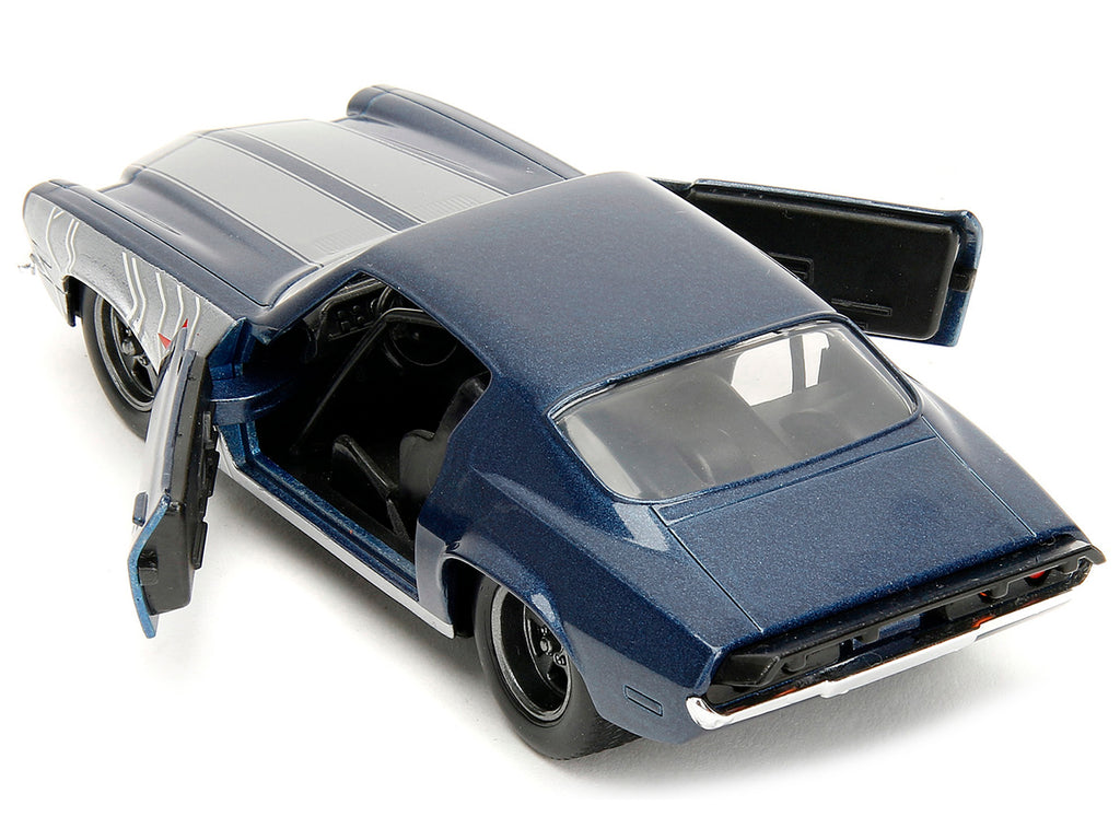 1973 Chevrolet Camaro Dark Blue Metallic with Gray Stripes and Winter Soldier Diecast Figure 'Marvel Avengers' 'Hollywood Rides' Series 1/32 Diecast Model Car by Jada