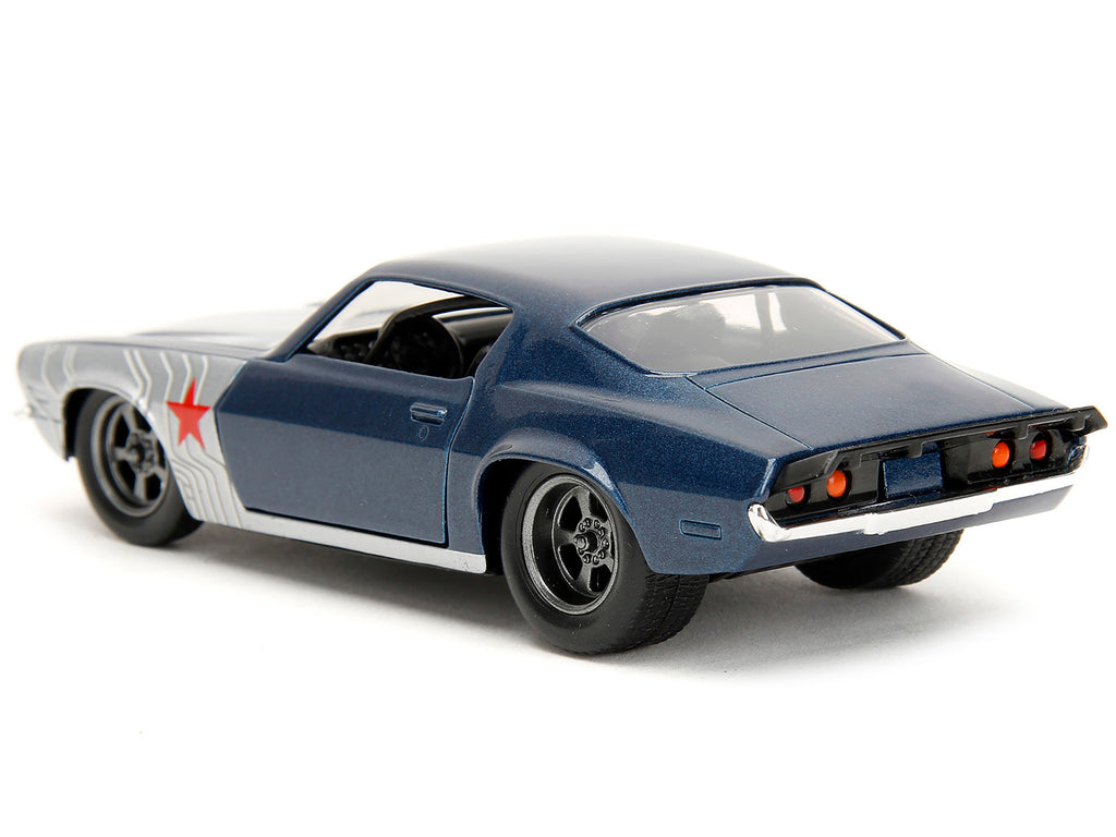 1973 Chevrolet Camaro Dark Blue Metallic with Gray Stripes and Winter Soldier Diecast Figure 'Marvel Avengers' 'Hollywood Rides' Series 1/32 Diecast Model Car by Jada