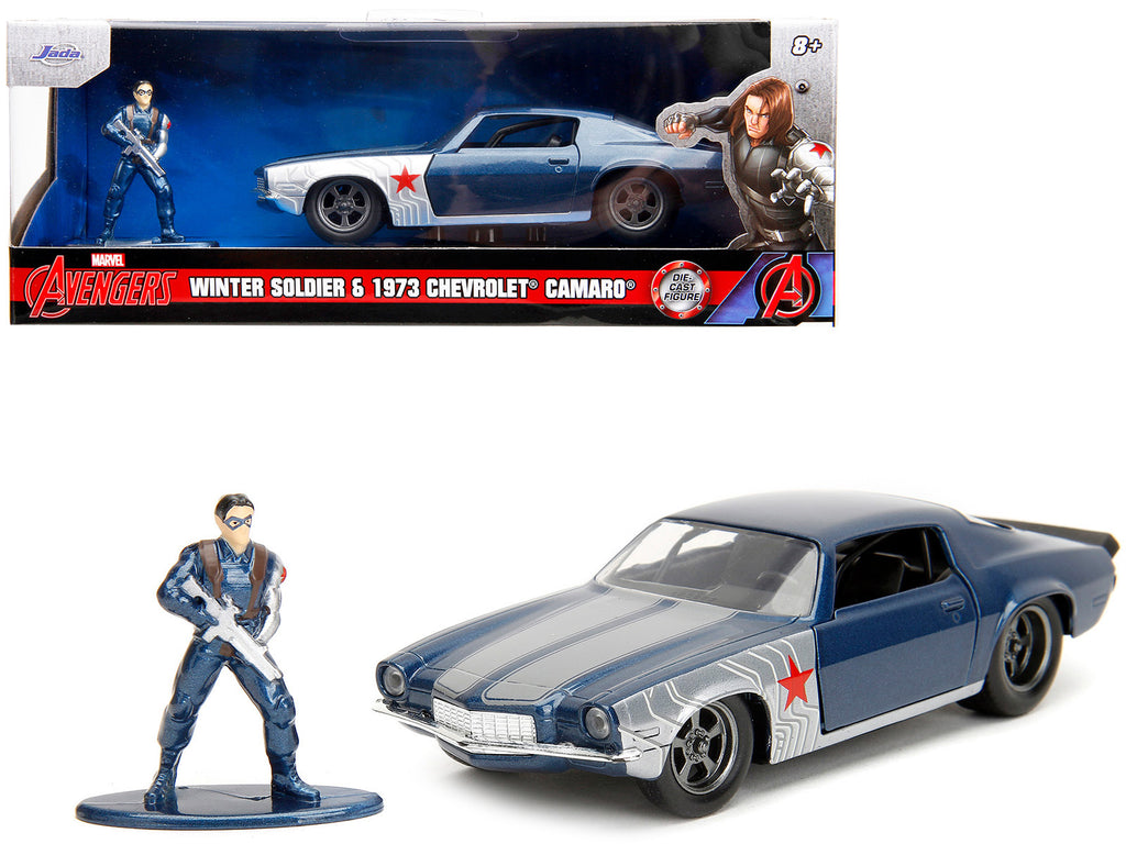 1973 Chevrolet Camaro Dark Blue Metallic with Gray Stripes and Winter Soldier Diecast Figure 'Marvel Avengers' 'Hollywood Rides' Series 1/32 Diecast Model Car by Jada