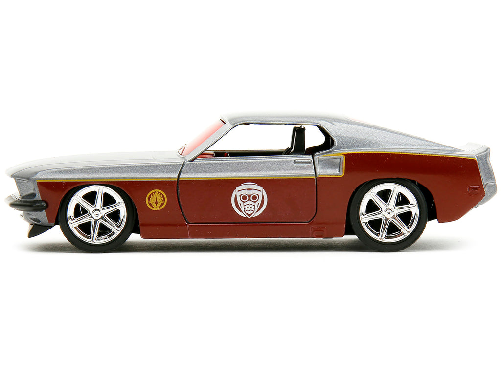 1969 Ford Mustang Silver Metallic and Dark Red and Star Lord Diecast Figure 'Marvel Guardians of the Galaxy' 'Hollywood Rides' Series 1/32 Diecast Model Car by Jada