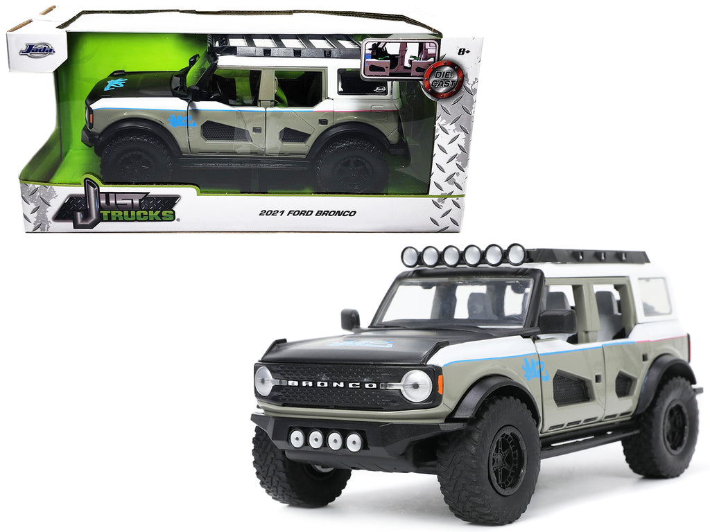 2021 Ford Bronco Gray and White with Matt Black Hood with Roof Rack 'M2 Motoring' 'Just Trucks' Series 1/24 Diecast Model Car by Jada
