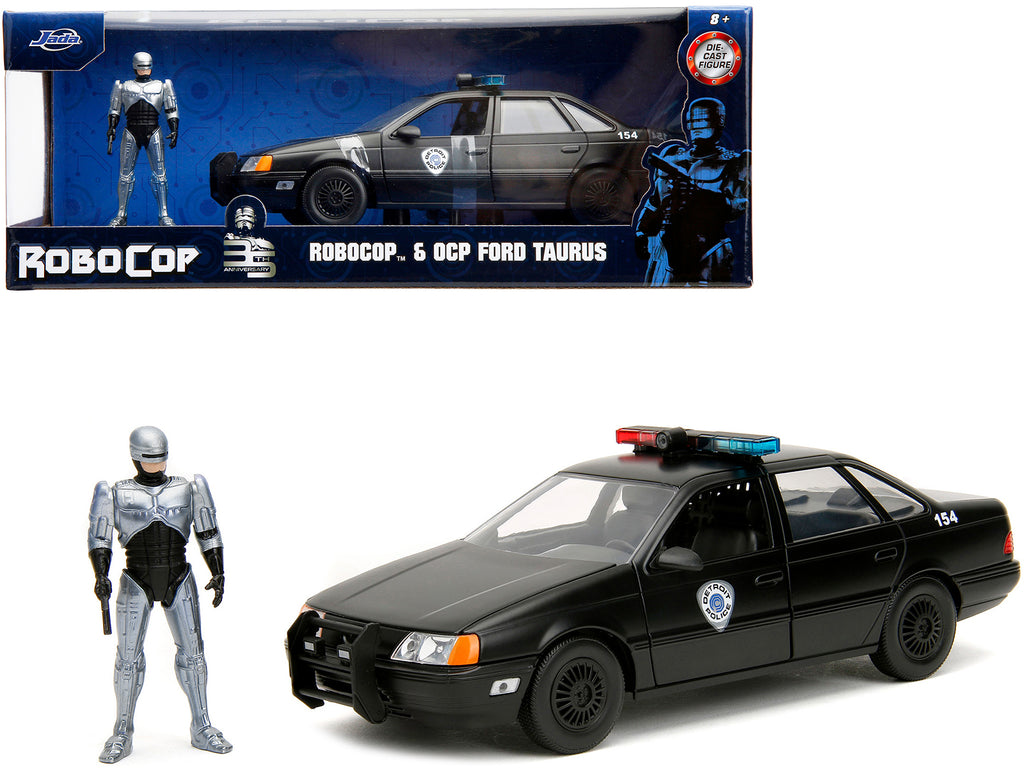 Ford Taurus OCP Matt Black 'Detroit Police' and Robocop Diecast Figure 35th Anniversary 'Robocop' (1987) Movie 'Hollywood Rides' Series 1/24 Diecast Model Car by Jada