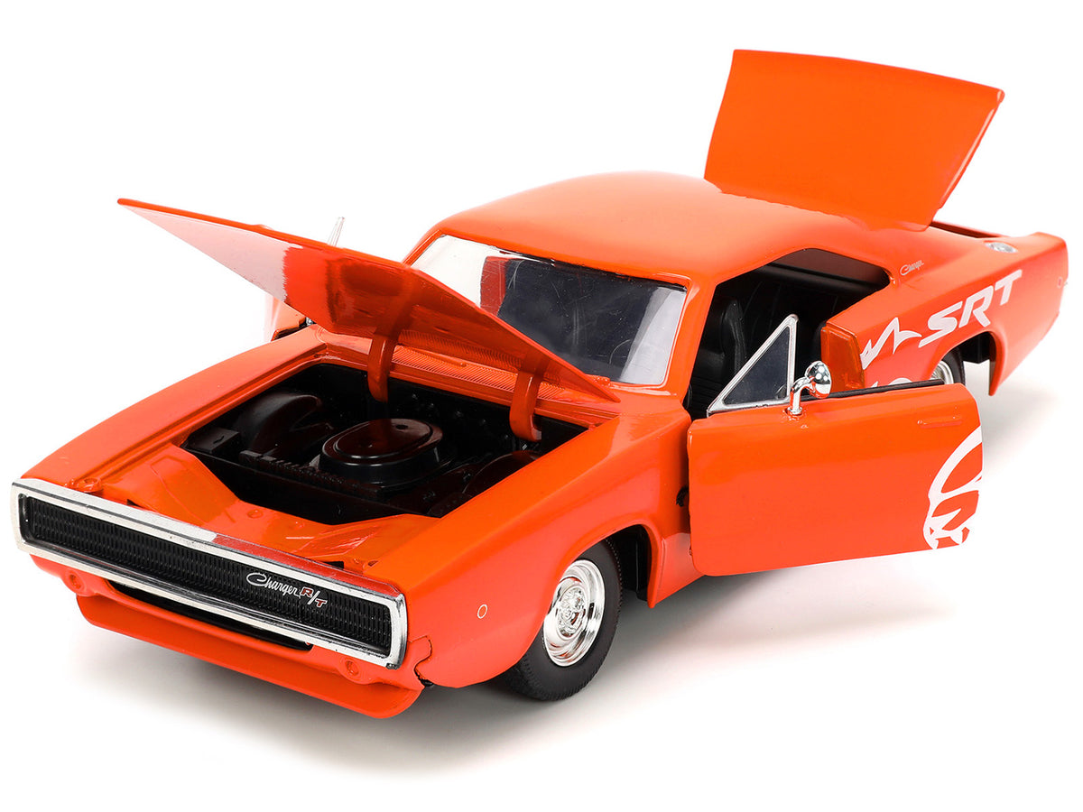 1968 Dodge Charger R/T SRT Orange with White Stripes and Graphics 'Bigtime Muscle' Series 1/24 Diecast Model Car by Jada