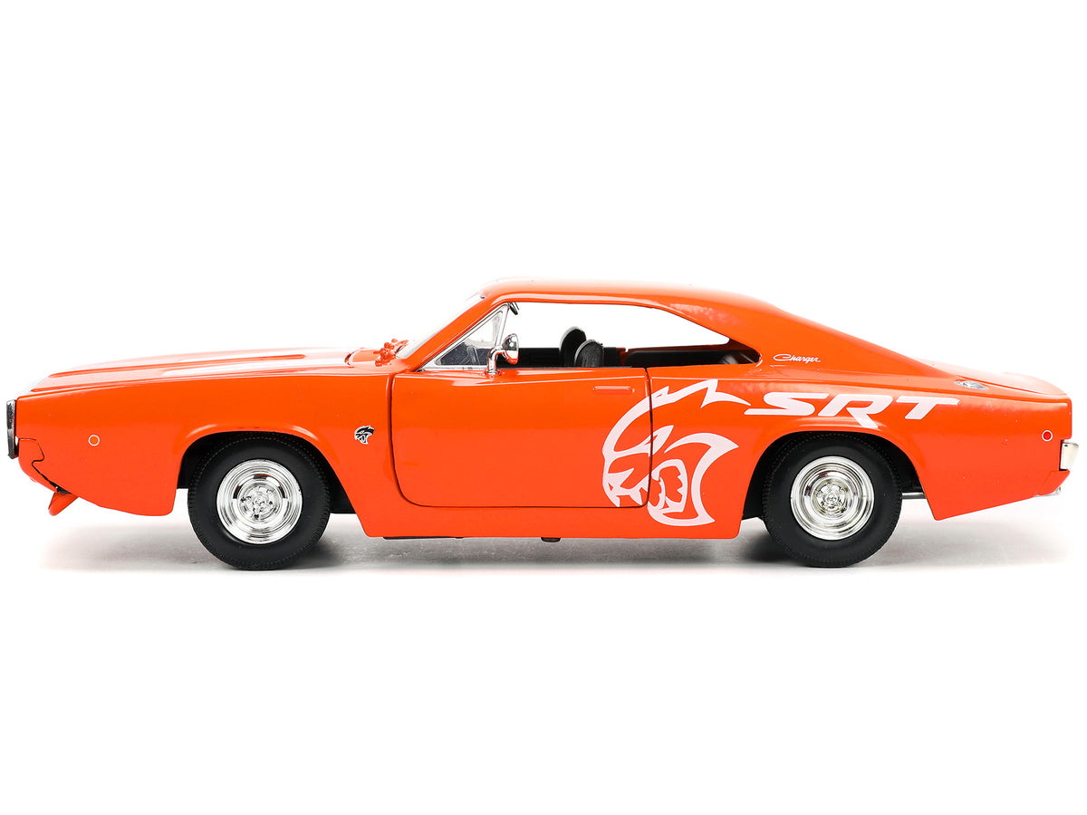 1968 Dodge Charger R/T SRT Orange with White Stripes and Graphics 'Bigtime Muscle' Series 1/24 Diecast Model Car by Jada