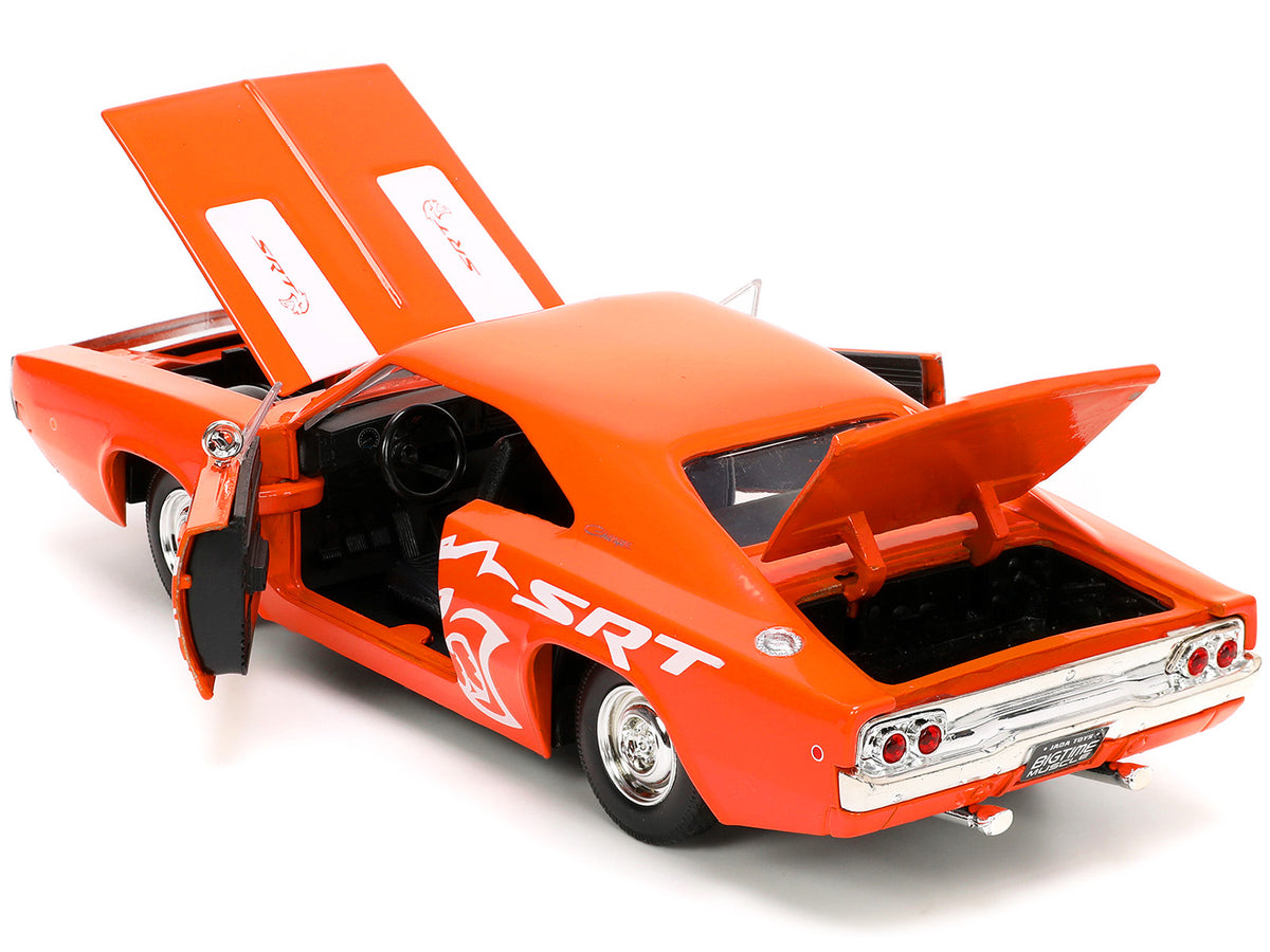 1968 Dodge Charger R/T SRT Orange with White Stripes and Graphics 'Bigtime Muscle' Series 1/24 Diecast Model Car by Jada