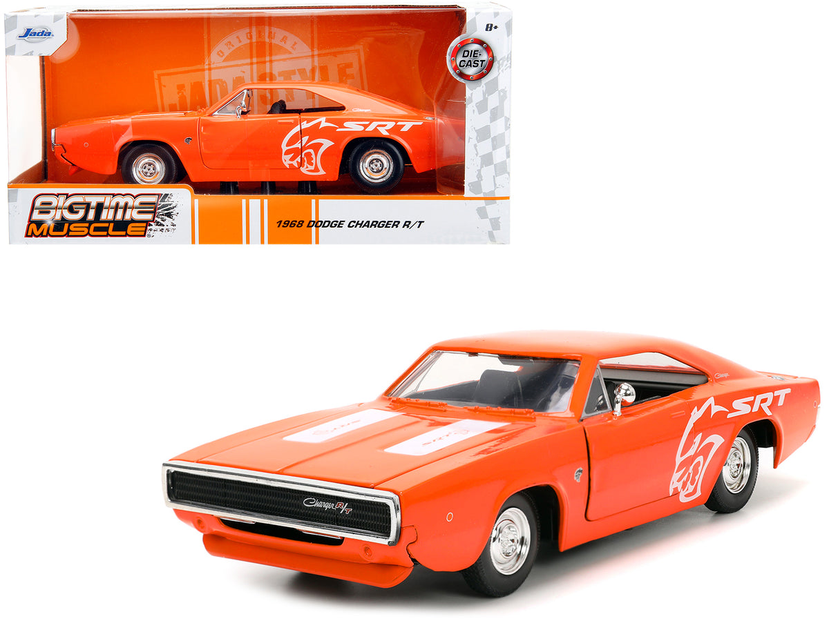 1968 Dodge Charger R/T SRT Orange with White Stripes and Graphics 'Bigtime Muscle' Series 1/24 Diecast Model Car by Jada