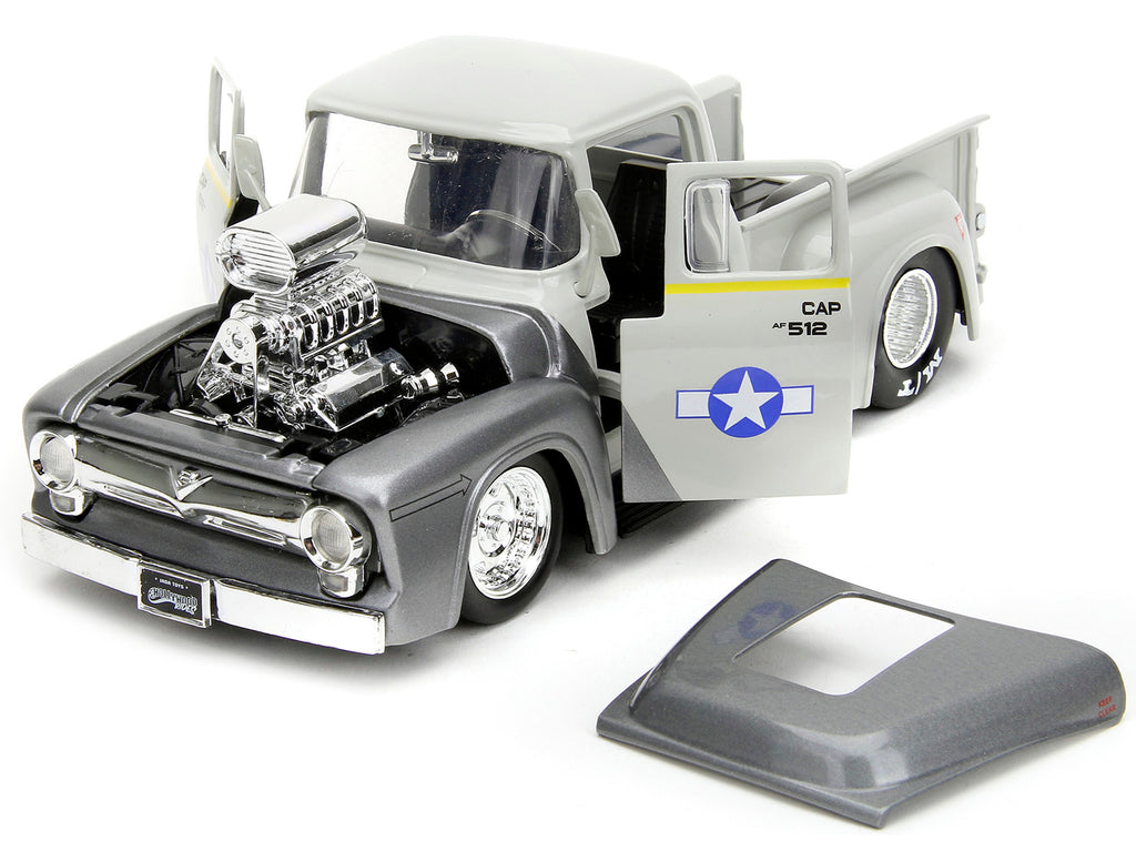 1956 Ford F-100 Pickup Truck Tan and Gray Metallic and Guile Diecast Figure 'Street Fighter' Video Game 'Anime Hollywood Rides' Series 1/24 Diecast Model Car by Jada