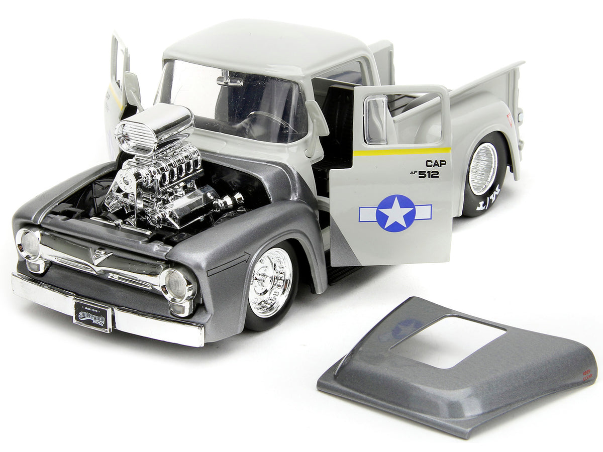 1956 Ford F-100 Pickup Truck Tan and Gray Metallic and Guile Diecast Figure 'Street Fighter' Video Game 'Anime Hollywood Rides' Series 1/24 Diecast Model Car by Jada