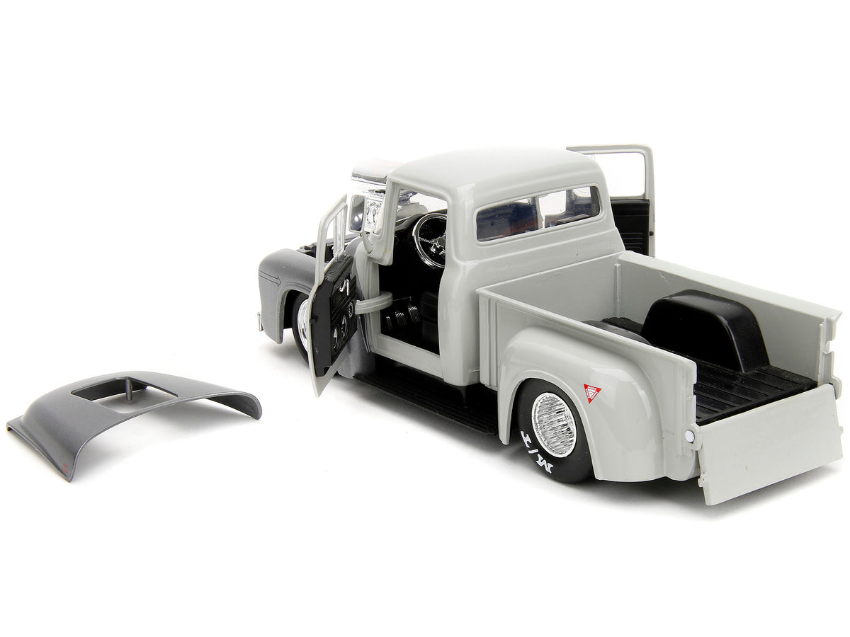 1956 Ford F-100 Pickup Truck Tan and Gray Metallic and Guile Diecast Figure 'Street Fighter' Video Game 'Anime Hollywood Rides' Series 1/24 Diecast Model Car by Jada