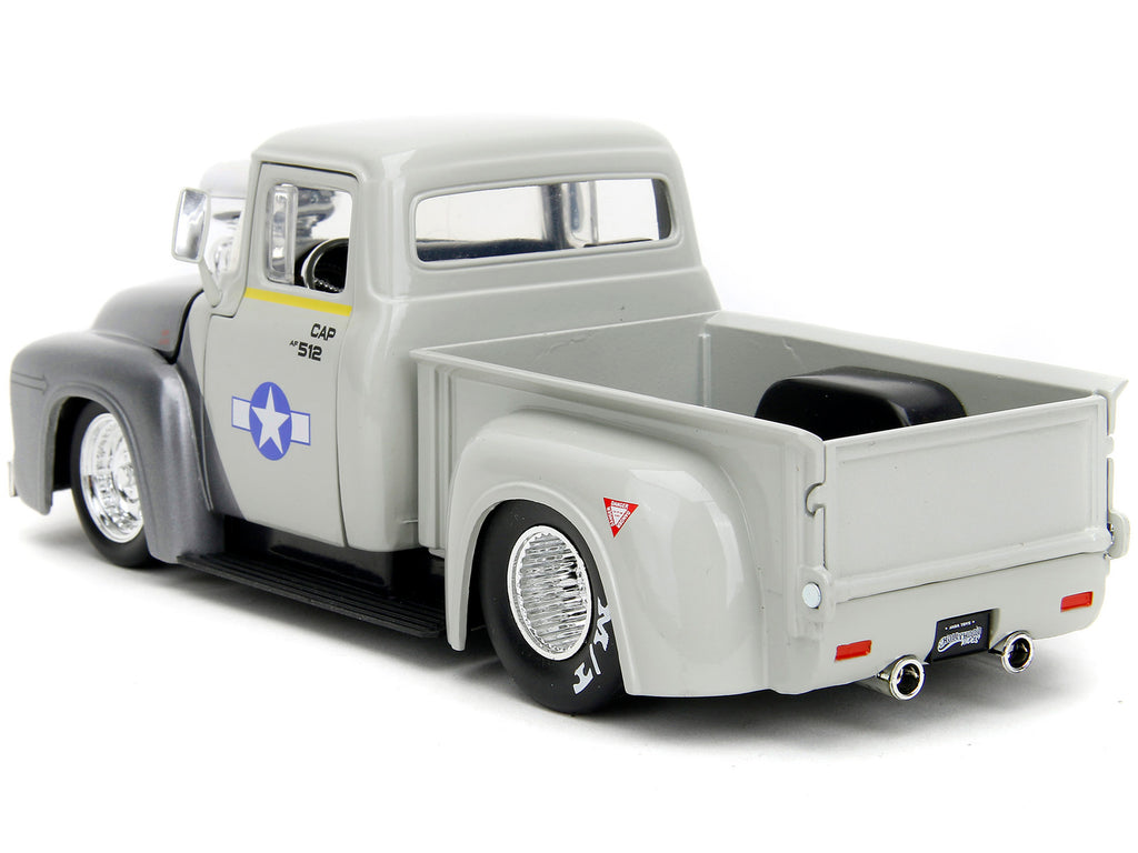 1956 Ford F-100 Pickup Truck Tan and Gray Metallic and Guile Diecast Figure 'Street Fighter' Video Game 'Anime Hollywood Rides' Series 1/24 Diecast Model Car by Jada