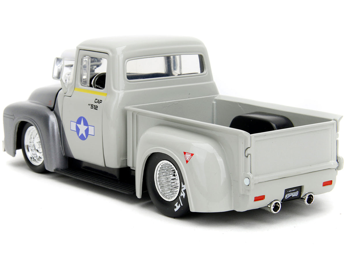 1956 Ford F-100 Pickup Truck Tan and Gray Metallic and Guile Diecast Figure 'Street Fighter' Video Game 'Anime Hollywood Rides' Series 1/24 Diecast Model Car by Jada