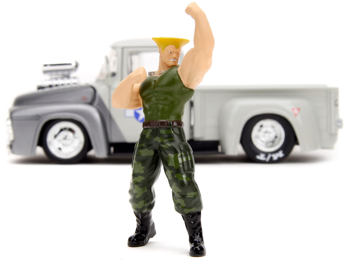 1956 Ford F-100 Pickup Truck Tan and Gray Metallic and Guile Diecast Figure 'Street Fighter' Video Game 'Anime Hollywood Rides' Series 1/24 Diecast Model Car by Jada