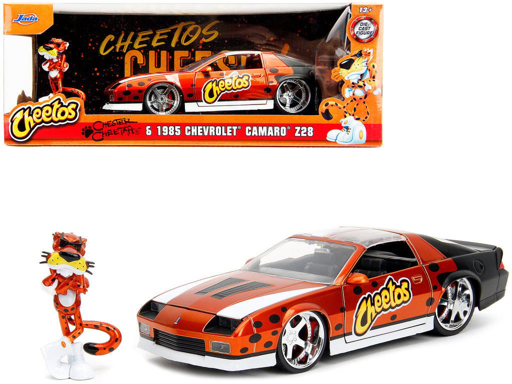 1985 Chevrolet Camaro Z/28 Orange Metallic with Graphics and Chester Cheetah Diecast Figure 'Cheetos' 'Hollywood Rides' Series 1/24 Diecast Model Car by Jada