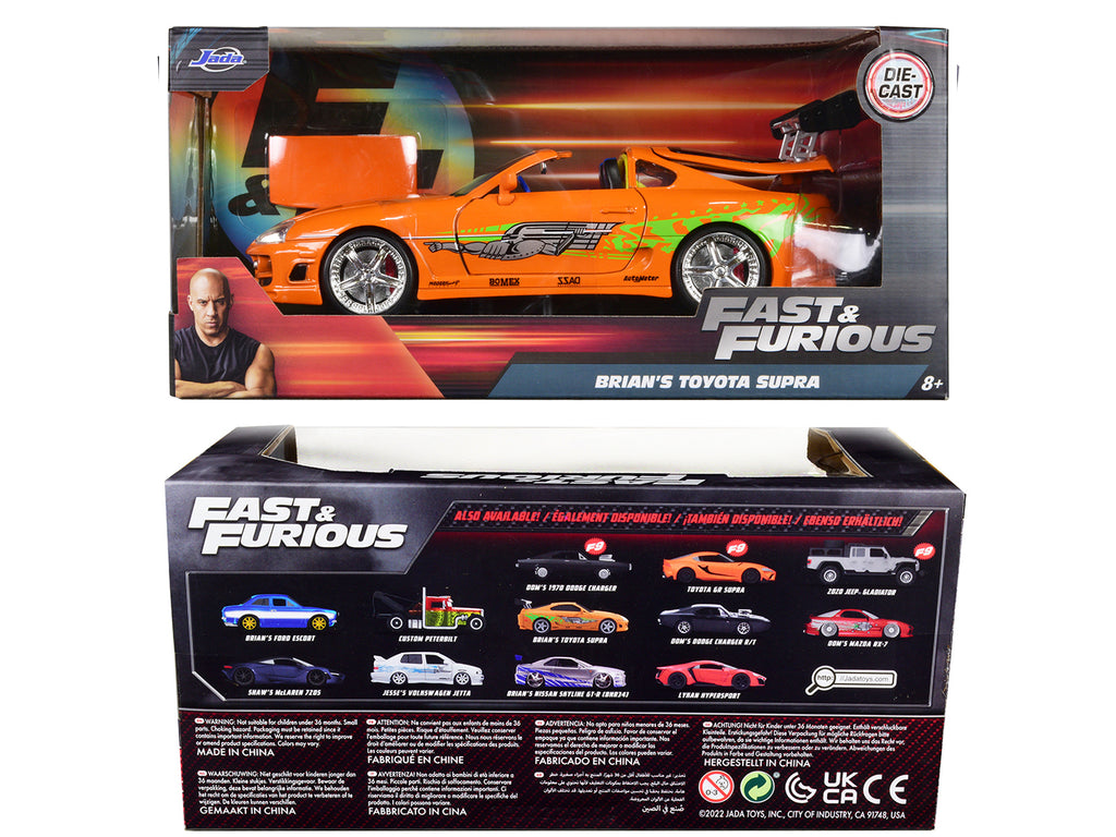Brian's Toyota Supra Orange with Graphics 'Fast & Furious' Movie 1/24 Diecast Model Car by Jada