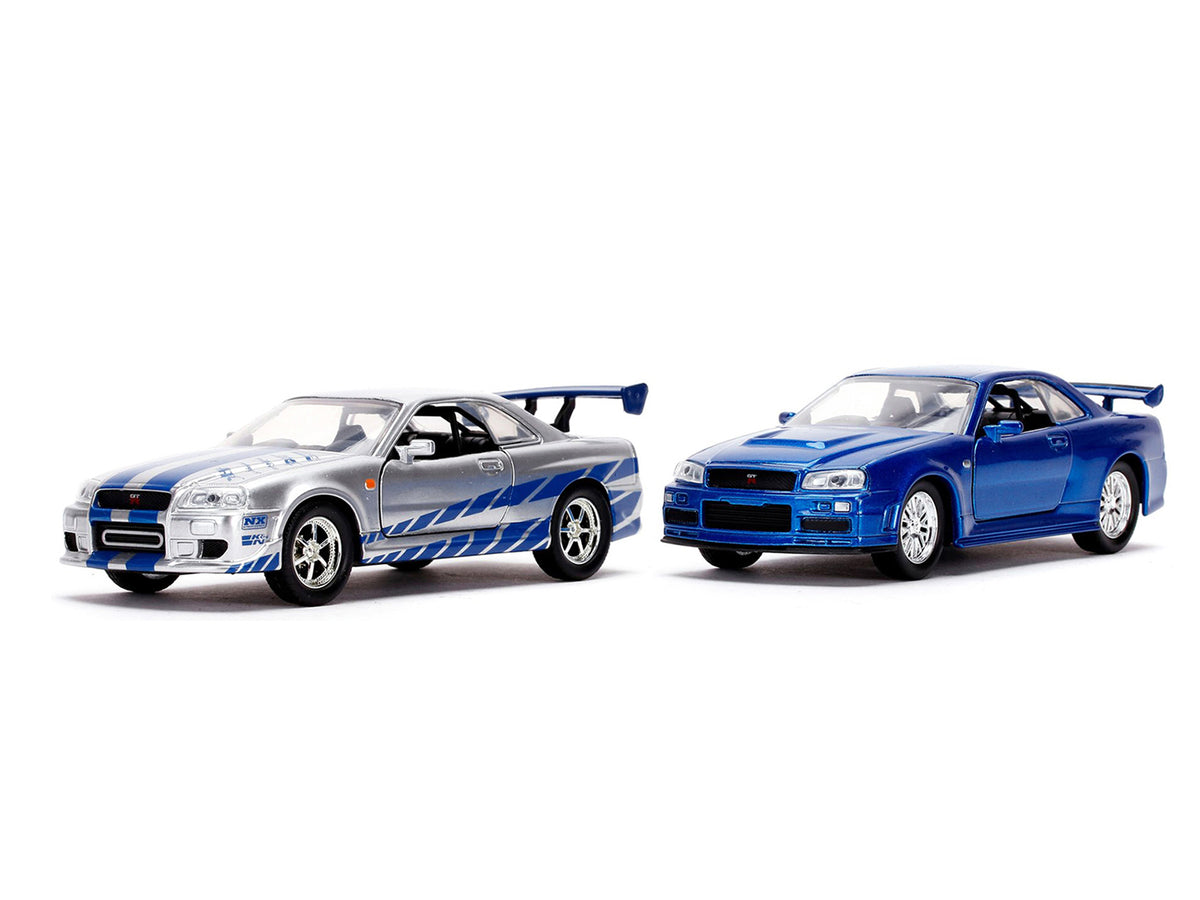 Brian's Nissan Skyline GT-R (BNR34) Silver with Blue Stripes and Nissan GT-R (BNR34) Blue Metallic Set of 2 pieces '25 Years of Fast & Furious' Series 1/32 Diecast Model Cars by Jada