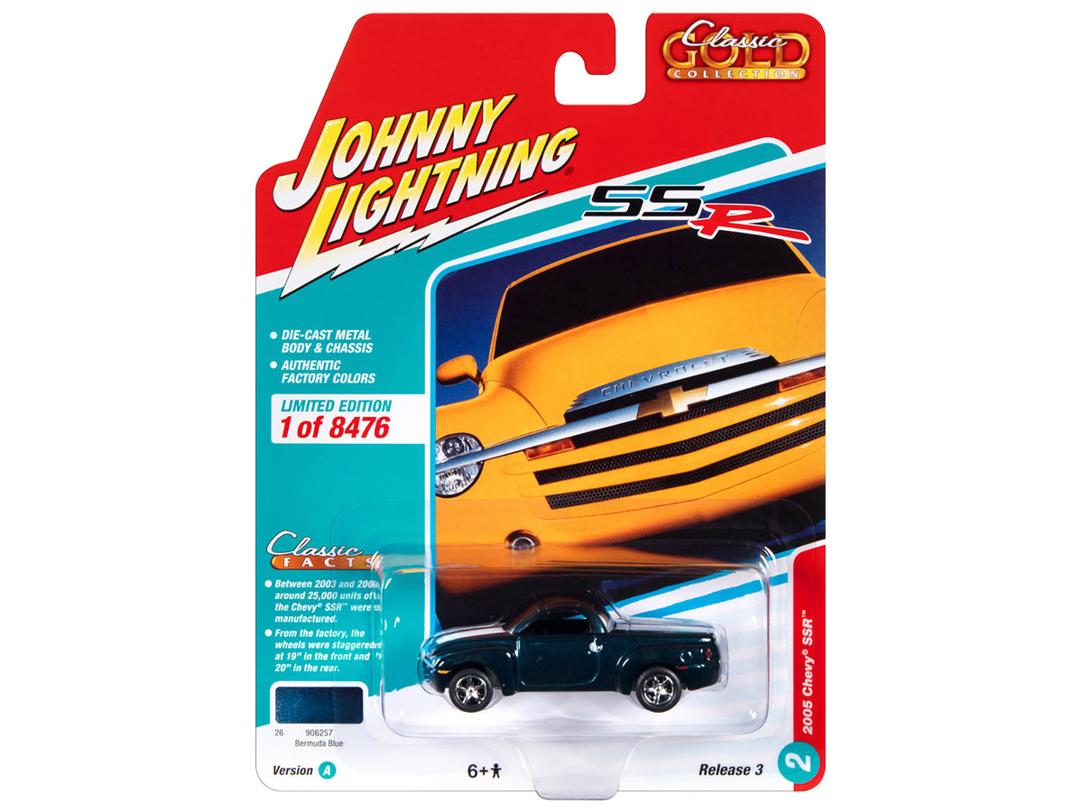 2005 Chevrolet SSR Pickup Truck Bermuda Blue Metallic with White Stripes 'Classic Gold Collection' Series Limited Edition to 8476 pieces Worldwide 1/64 Diecast Model Car by Johnny Lightning