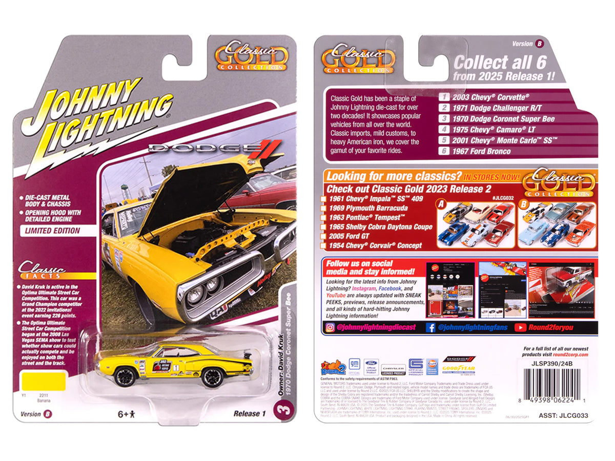 1970 Dodge Coronet Super Bee #1 'David Kruk' Banana Yellow with Black Stripes and Top 'Classic Gold Collection' 1/64 Diecast Model Car by Johnny Lightning