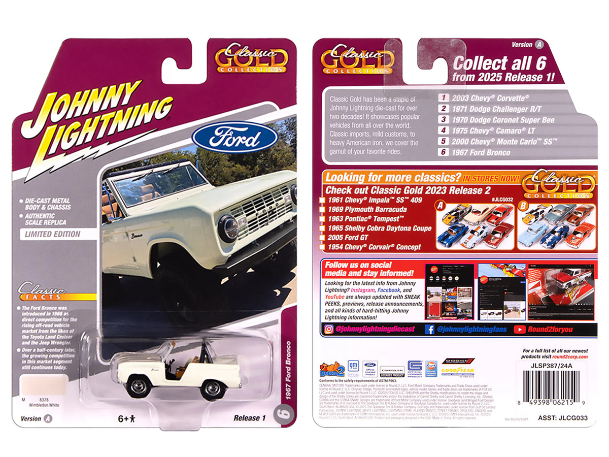1967 Ford Bronco Wimbledon White 'Classic Gold Collection' 1/64 Diecast Model Car by Johnny Lightning