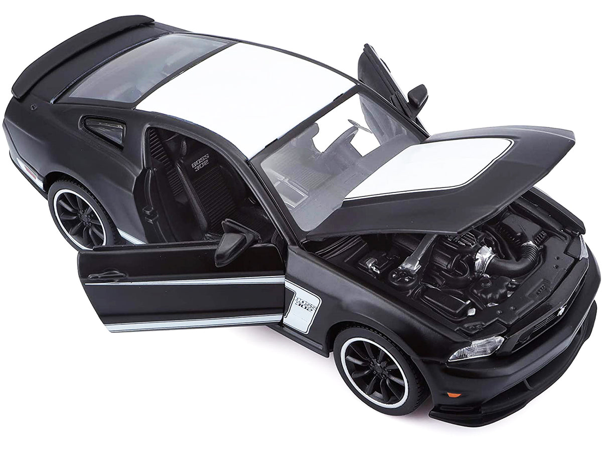 2012 Ford Mustang Boss 302 Matt Black and White 1/24 Diecast Model Car by Maisto