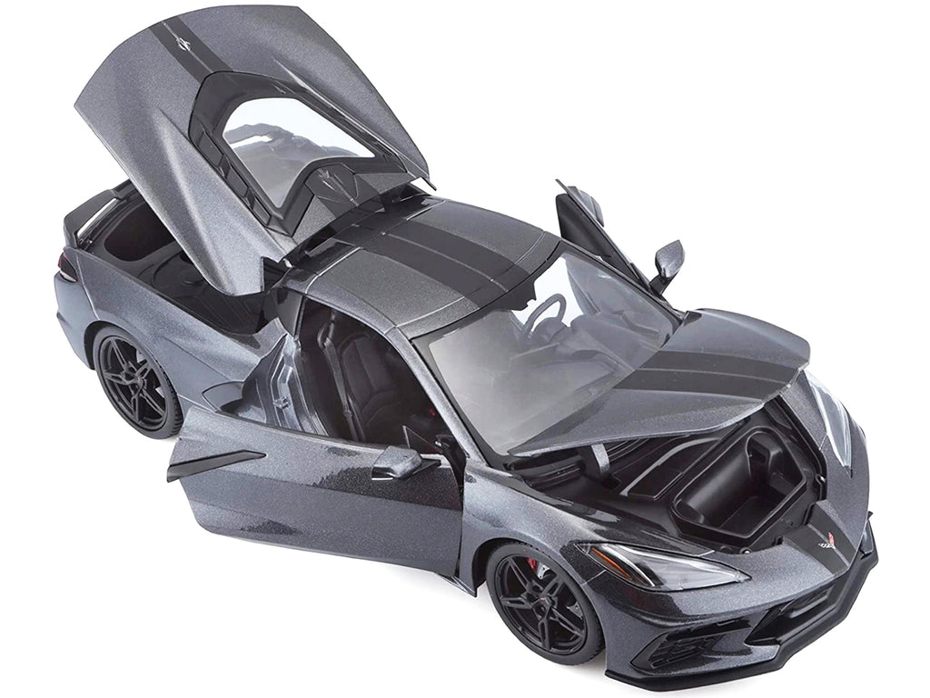 2020 Chevrolet Corvette Stingray C8 Dark Gray Metallic with Racing Stripes 1/18 Diecast Model Car by Maisto