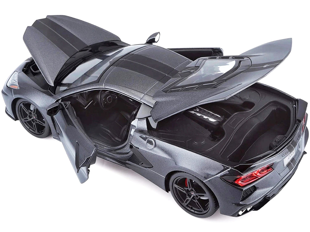 2020 Chevrolet Corvette Stingray C8 Dark Gray Metallic with Racing Stripes 1/18 Diecast Model Car by Maisto